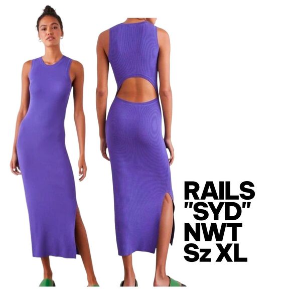 RAILS SYD NWT Sz L Purple Ribbed Stretch Bodycon Cut Out Back Boho Maxi Dress - Picture 1 of 6